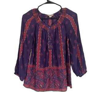 Lucky Brand Women’s Purple Multicolor Boho Peasant Long Sleeve Blouse Size XS